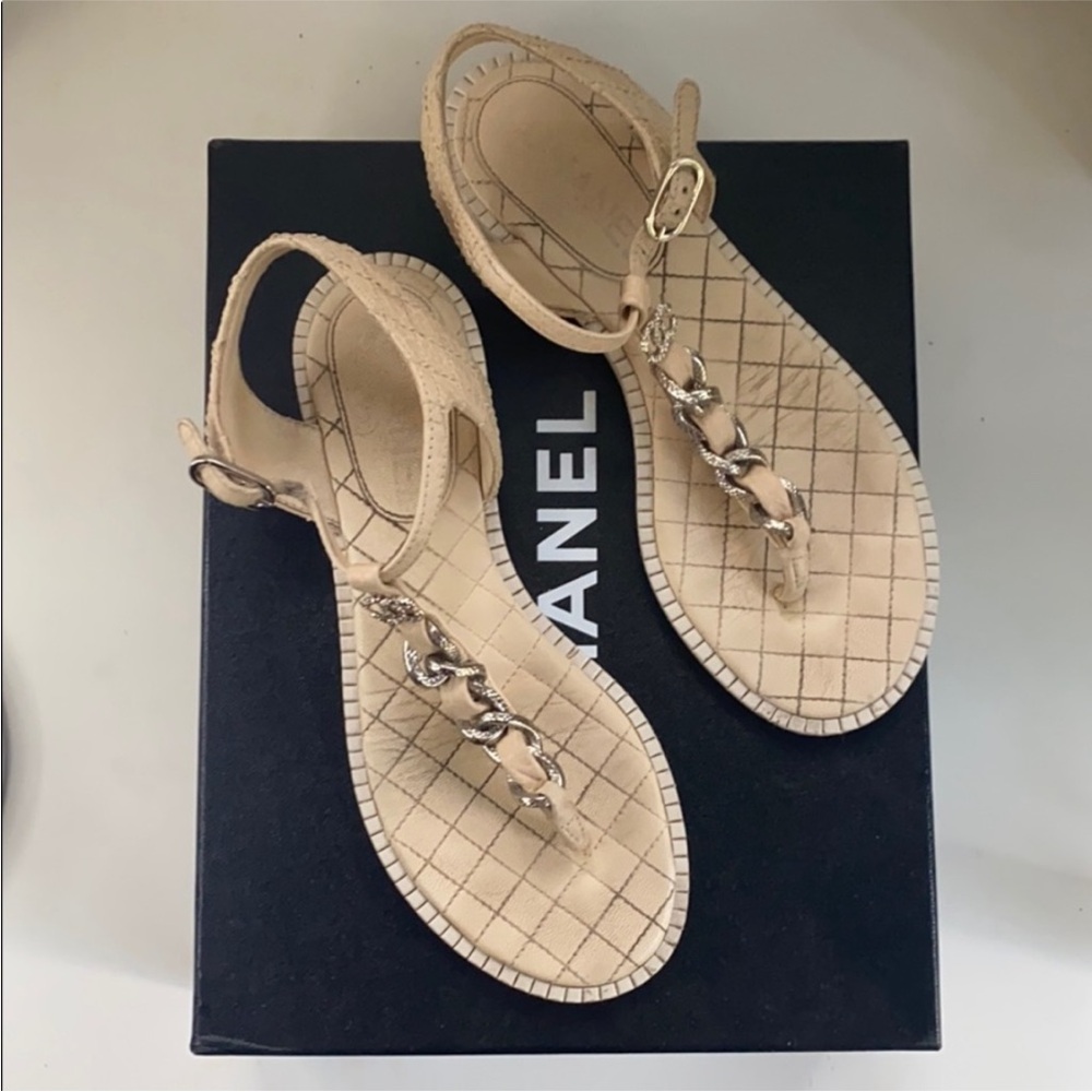 CHANEL Tan Sandals with Silver Chain Detail